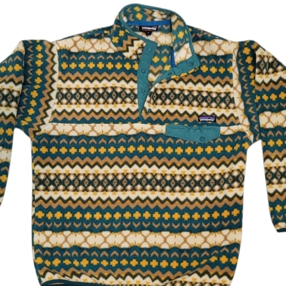 Patagonia Other - Patagonia Synchilla Snap Cliff Arbor Aztec Green Tan Sweater Jacket Men Medium